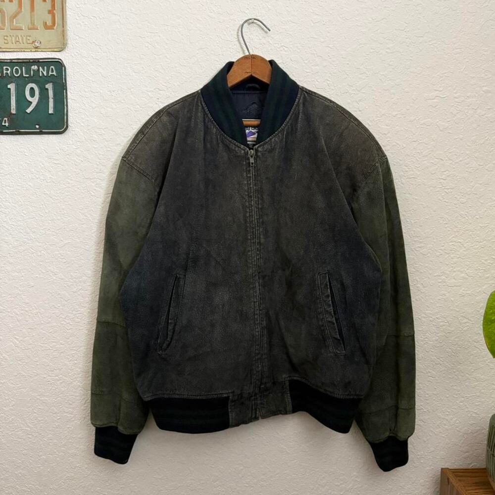 Vintage Green Blue Men's XL Suede Leather Bomber Jacket